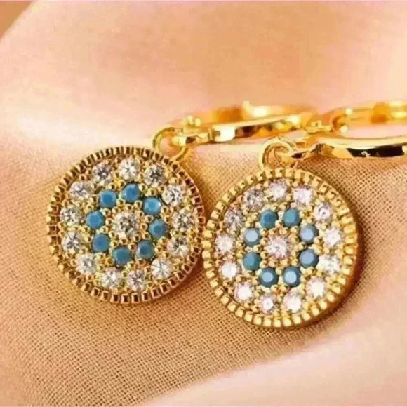 Gold Round Drop Earrings with Turquoise and Clear Stones - Picture 3 of 3